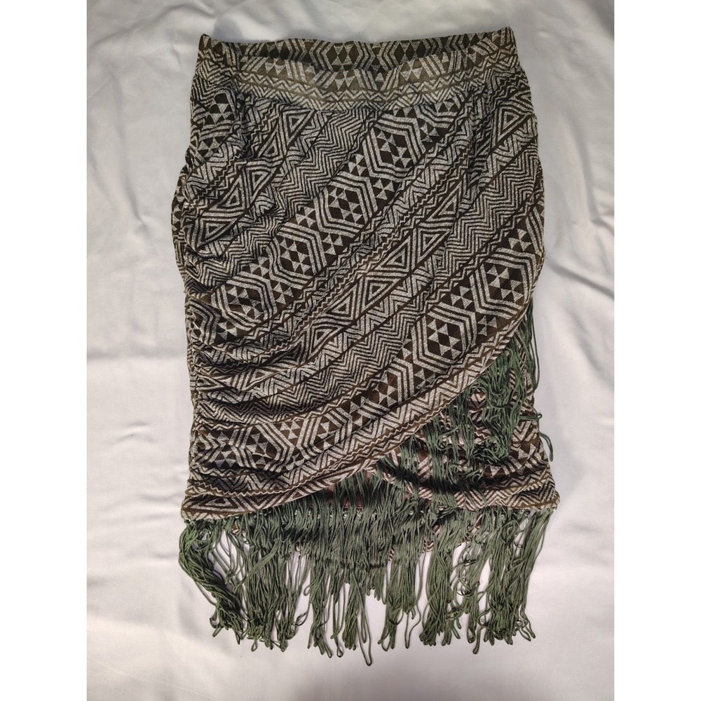 Greylin Geometric‎ Tribal Print Fringed Ruched Mini Skirt Brown Olive Green XS